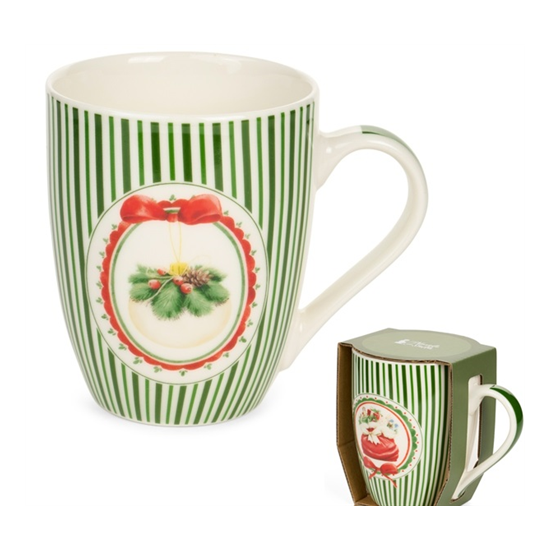 Karácsonyi porcelán bögre 350 ml zöld csíkos fenyőágas