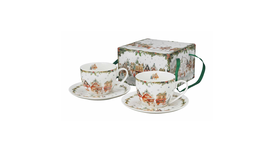 Karácsonyfás porcelán bögre 360 ml házikó díszcsomagolásban
