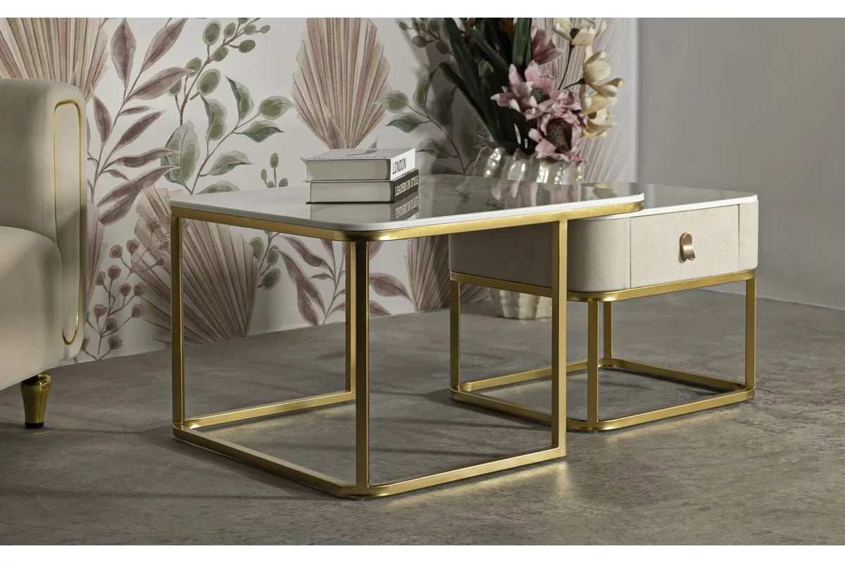 BEAUTY krém / arany színű konzolasztal dohányzóasztal lerakóasztallal 2 db szett Konzolasztal Mauro Ferretti
