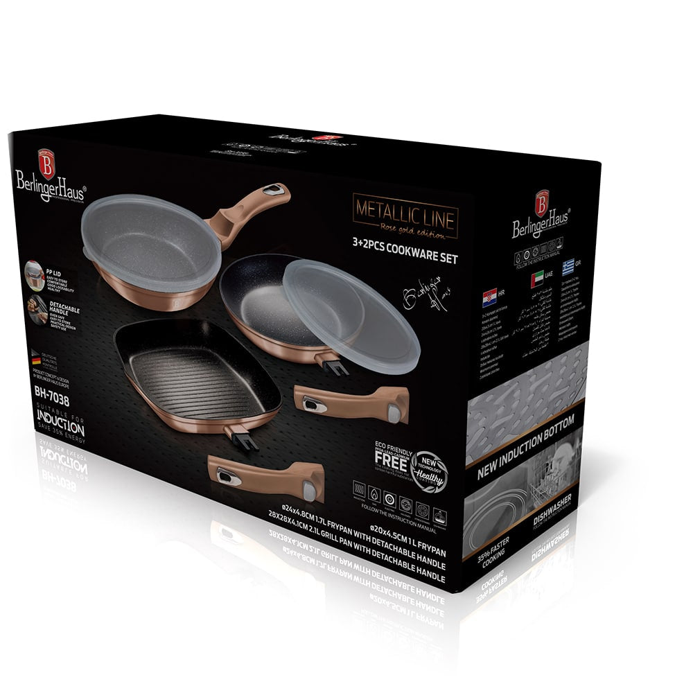 Berlinger Haus 3+2 részes serpenyő szett levehető nyéllel Metallic Line Rose Gold Edition