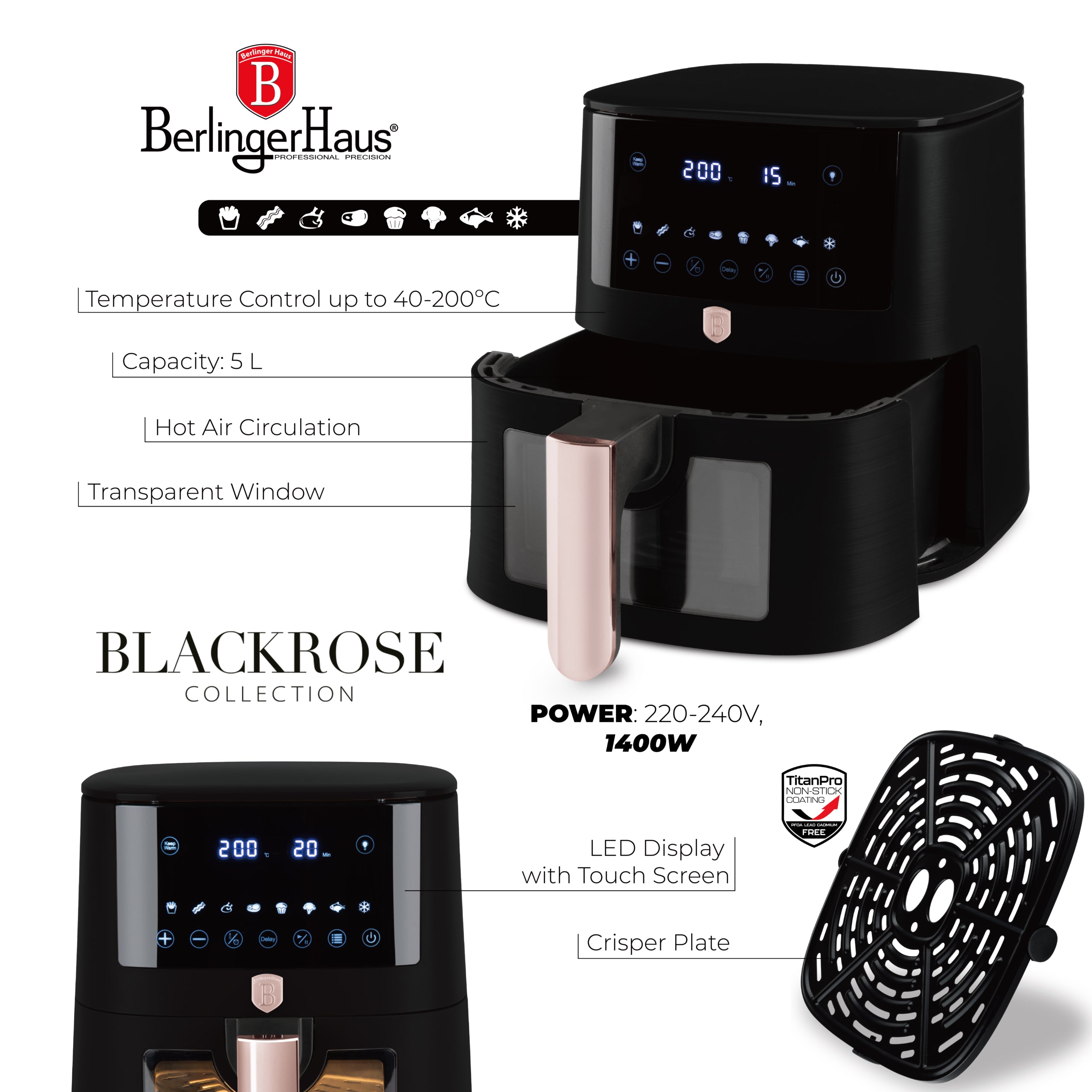 Berlinger Haus AirFryer átlátszó ablakkal 5 L 1400 W Black Rose Collection