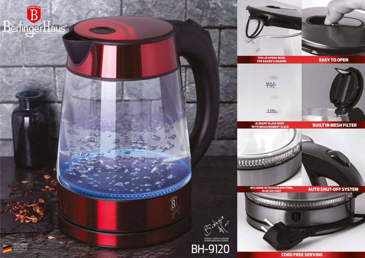 Berlinger Haus elektromos üveg LED-es vízforraló 1,7 l 2200 W Metallic Line Burgundy Edition