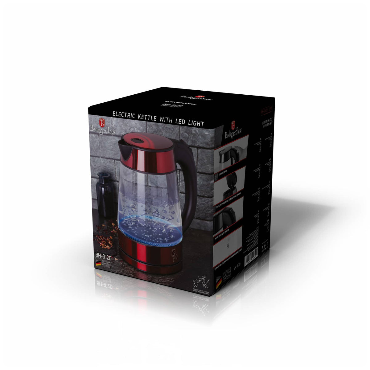 Berlinger Haus elektromos üveg LED-es vízforraló 1,7 l 2200 W Metallic Line Burgundy Edition