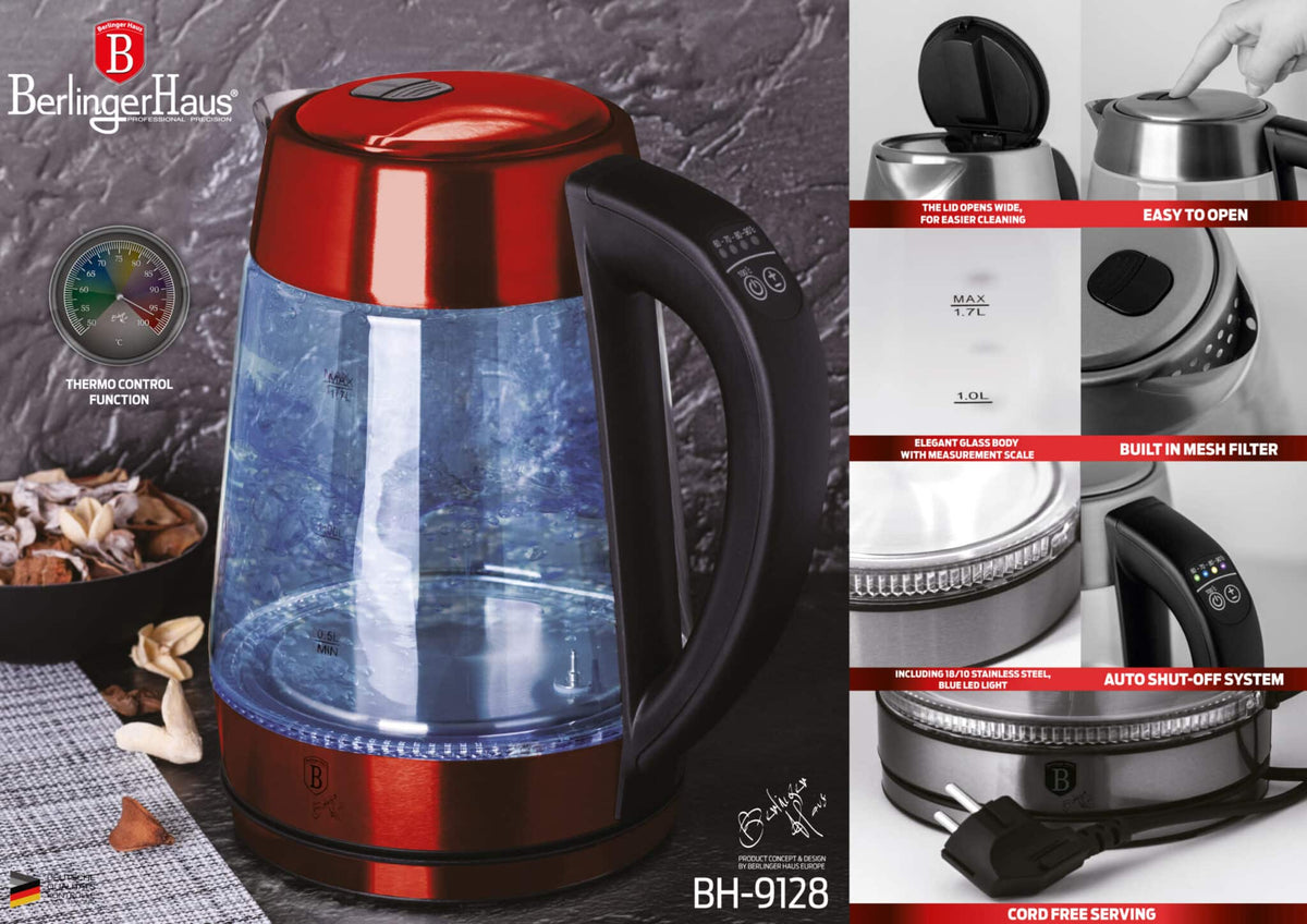 Berlinger Haus elektromos üveg vízforraló 1,7 l 2200 W Metallic Line Burgundy Edition
