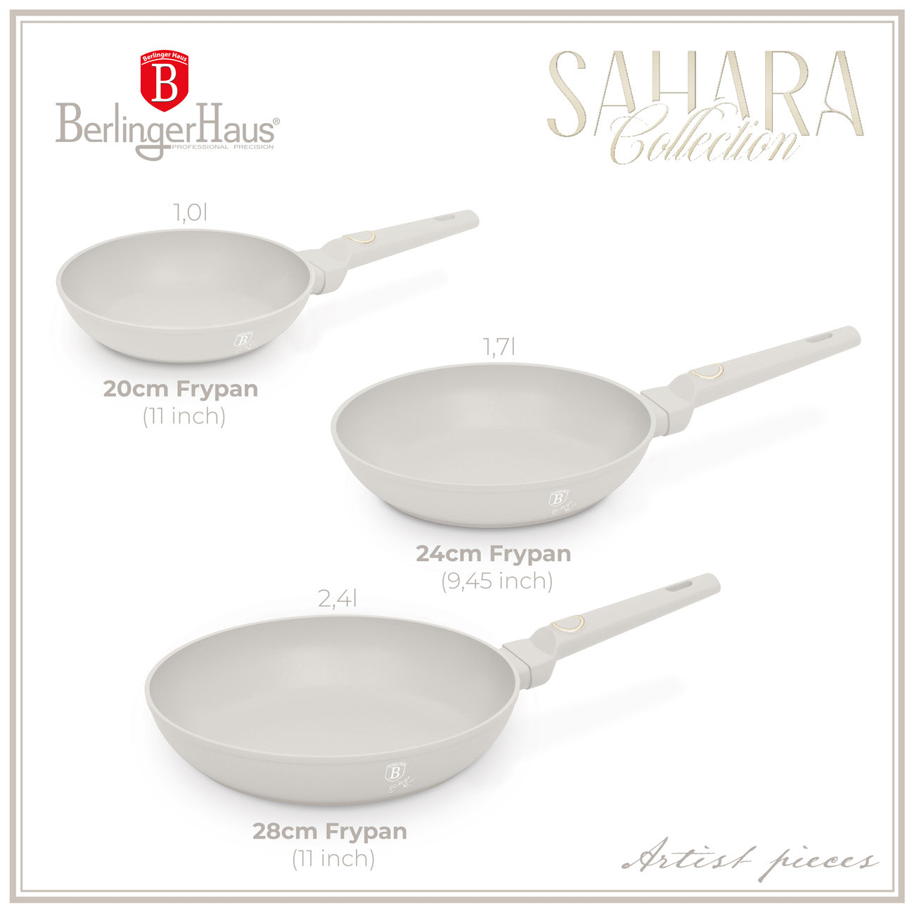 Berlinger Haus indukciós 3 részes serpenyő készlet matt krém Sahara Collection