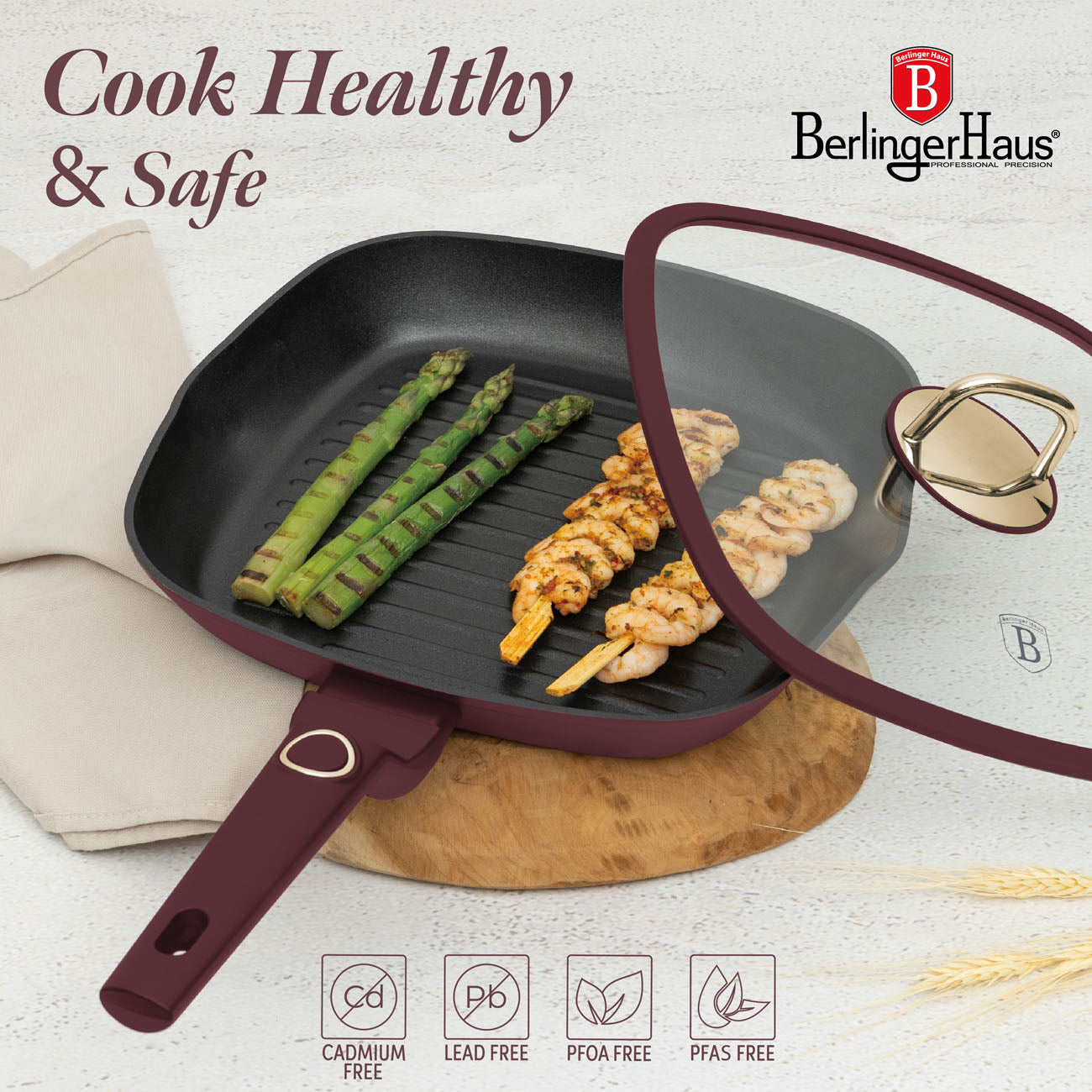 Berlinger Haus indukciós tapadásmentes Grill serpenyő fedővel 28 cm Leonardo Collection