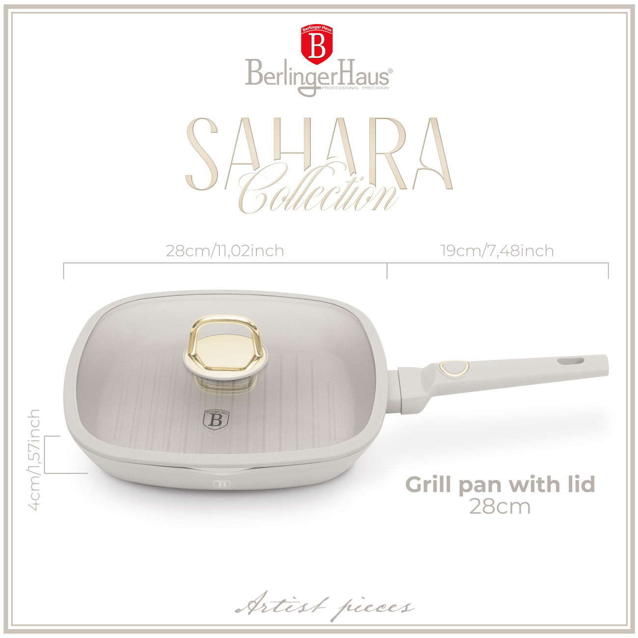 Berlinger Haus indukciós tapadásmentes Grill serpenyő fedővel 28 cm matt krém Sahara Collection