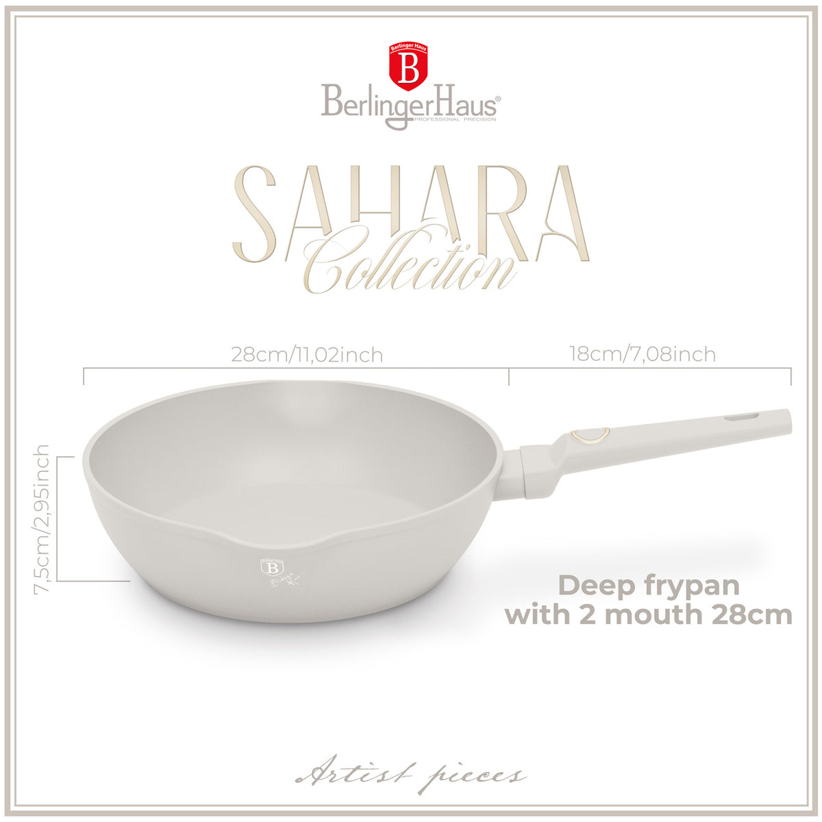 Berlinger Haus indukciós tapadásmentes mély serpenyő dupla kiöntő csőrrel matt krém Sahara Collection