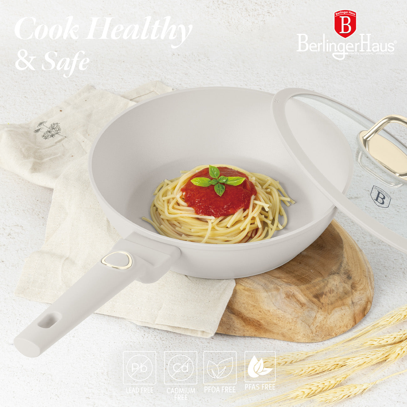 Berlinger Haus indukciós tapadásmentes mély serpenyő fedővel 24 cm matt krém Sahara Collection