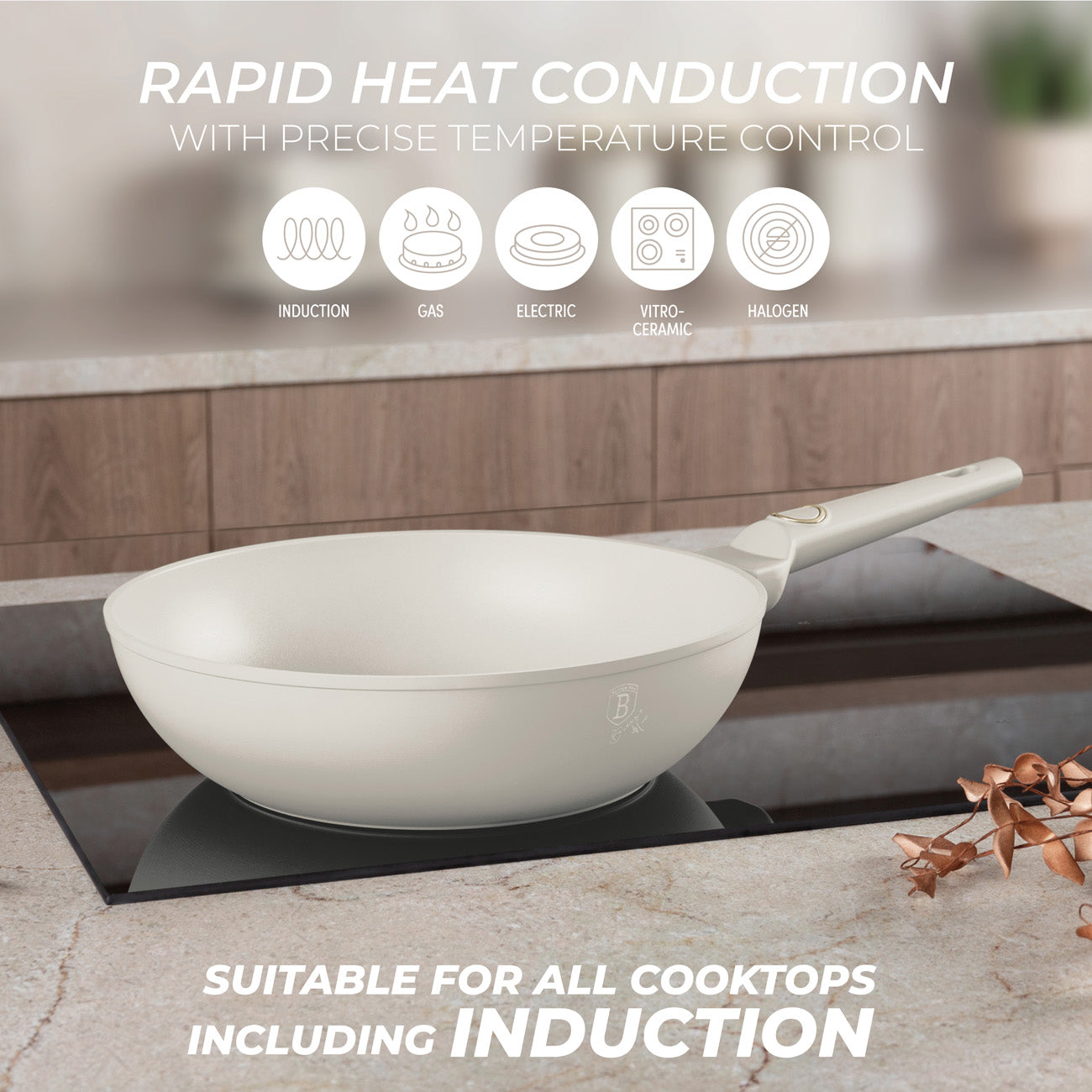 Berlinger Haus indukciós tapadásmentes wok serpenyő 28 cm matt krém Sahara Collection