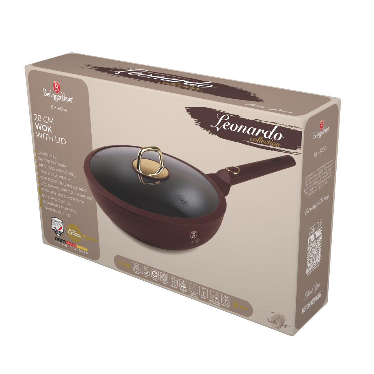 Berlinger Haus indukciós tapadásmentes Wok serpenyő fedővel 28 cm Leonardo Collection