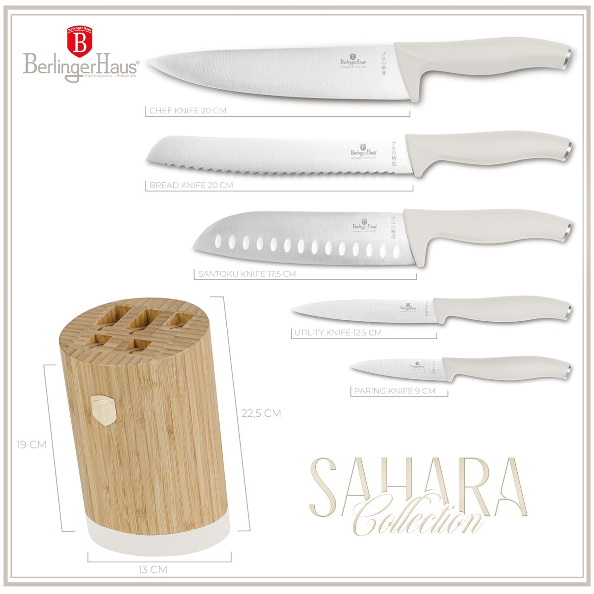 Berlinger Haus rozsdamentes acél 6 részes késkészlet bambusz állvánnyal matt krém Sahara Collection