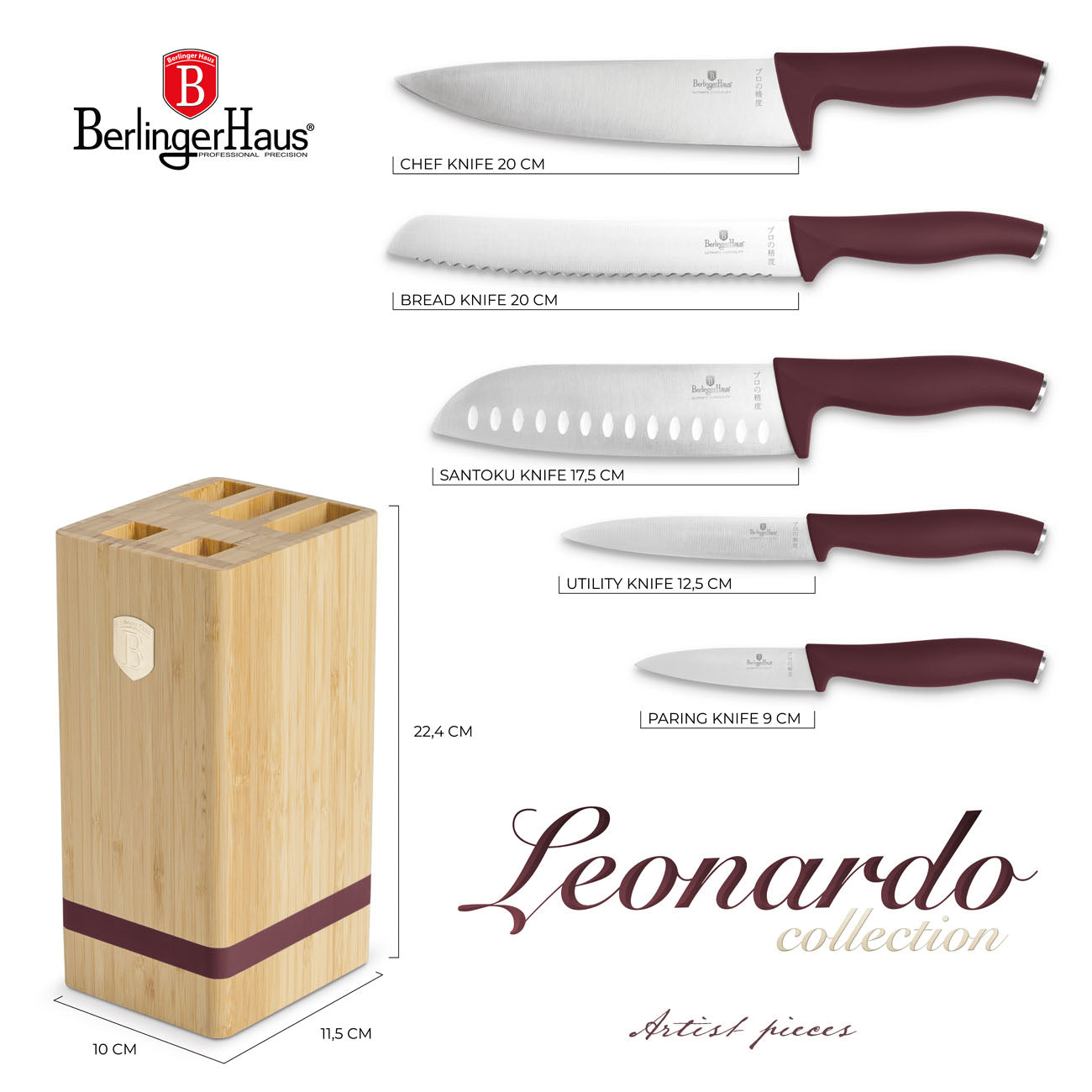 Berlinger Haus rozsdamentes acél bordó nyelű 5+1 részes késkészlet bambusz állvánnyal Leonardo Collection