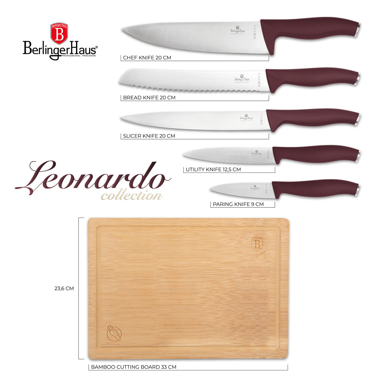 Berlinger Haus rozsdamentes acél bordó nyelű 5+1 részes késkészlet bambusz vágódeszkával Leonardo Collection