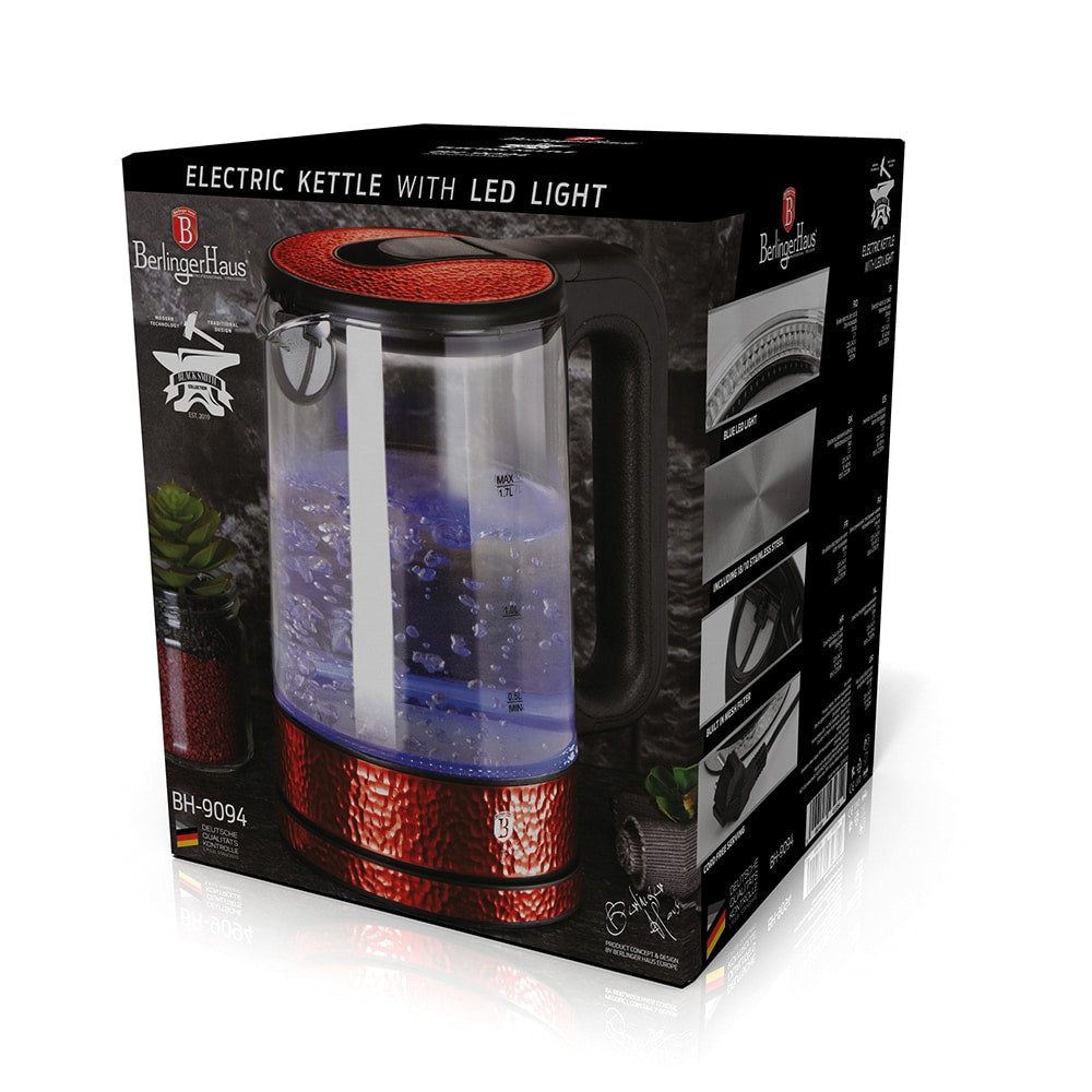 Berlinger Haus Vezeték nélküli led elektromos üveg vízforraló 1,7 l 2200 W Metallic Line Burgundy Edition