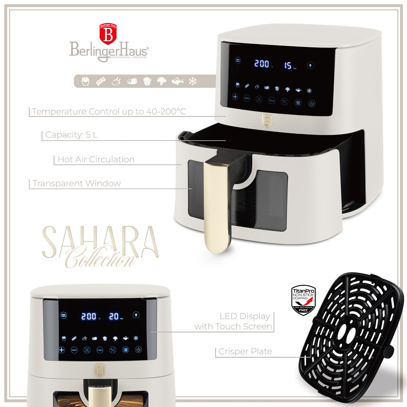 Berlinger Haus XL AirFryer 5 L átlátszó ablakkal matt krém