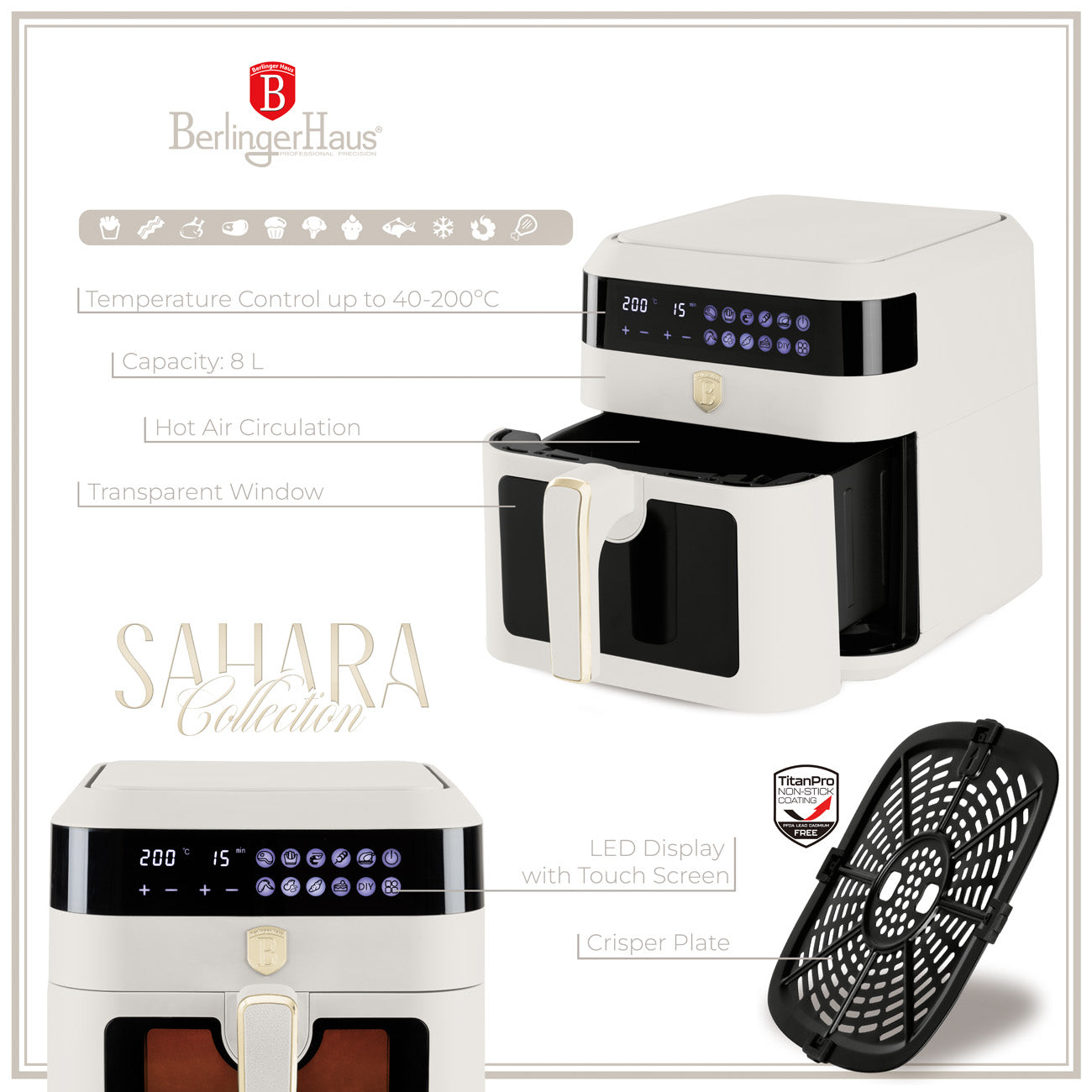 Berlinger Haus XL AirFryer 6,3 L átlátszó ablakkal matt krém