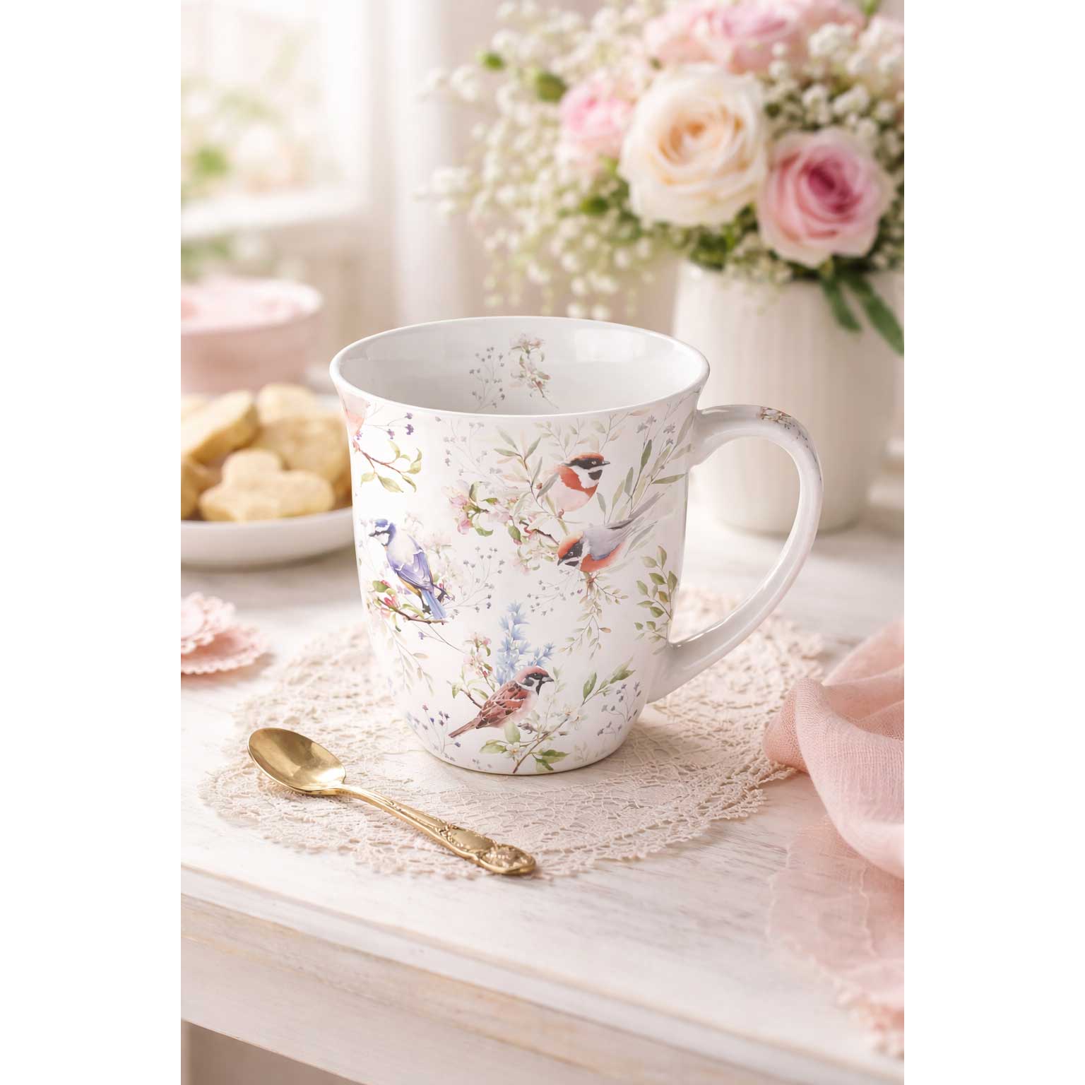 Tavaszi Virágos–madaras porcelán bögre Busy birds
