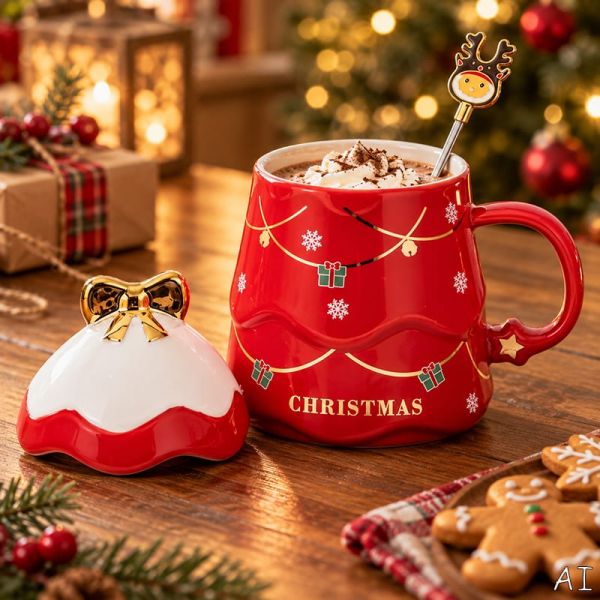 karácsonyi porcelán bögre fedéllel és kanállal 500 ml piros fehér