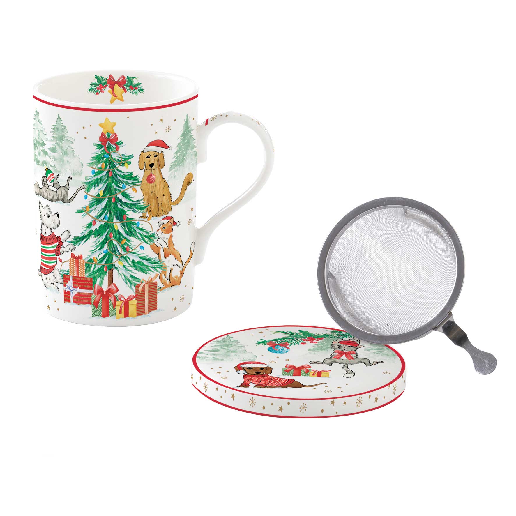 Bögre, csésze Cicás kutyás karácsonyi porcelán bögre szűrővel Christmas Gang