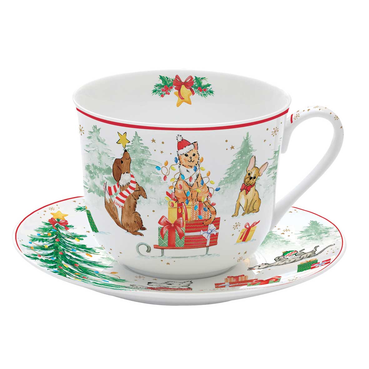 Bögre, csésze Cicás kutyás karácsonyi porcelán nagy csésze Christmas Gang