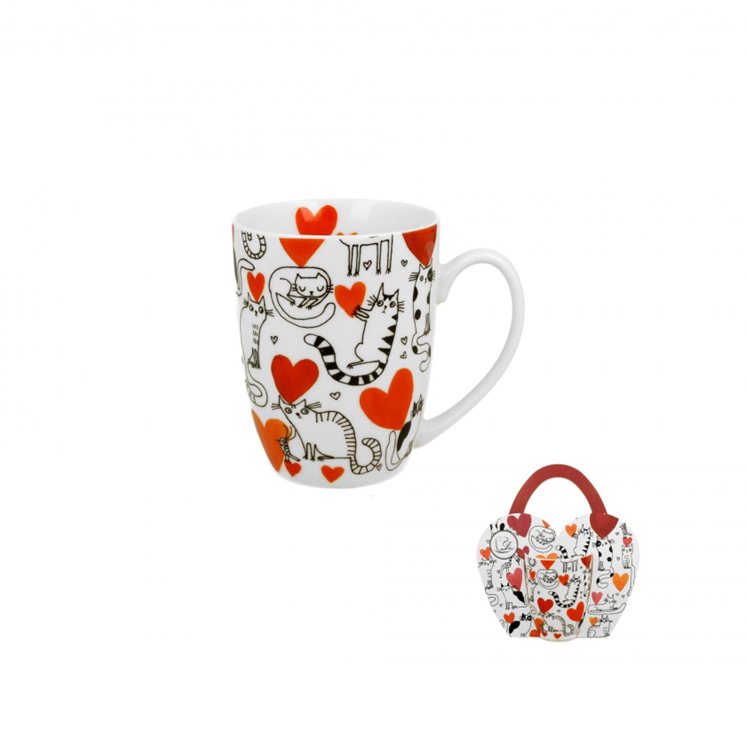 Bögre Cicás piros szívecske porcelán bögre 350 ml