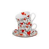 Bögre, csésze Cicás szívesecskés porcelán teás csésze aljjal két személyes Cats and hearts
