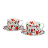 Bögre, csésze Cicás szívesecskés porcelán teás csésze aljjal két személyes Cats and hearts