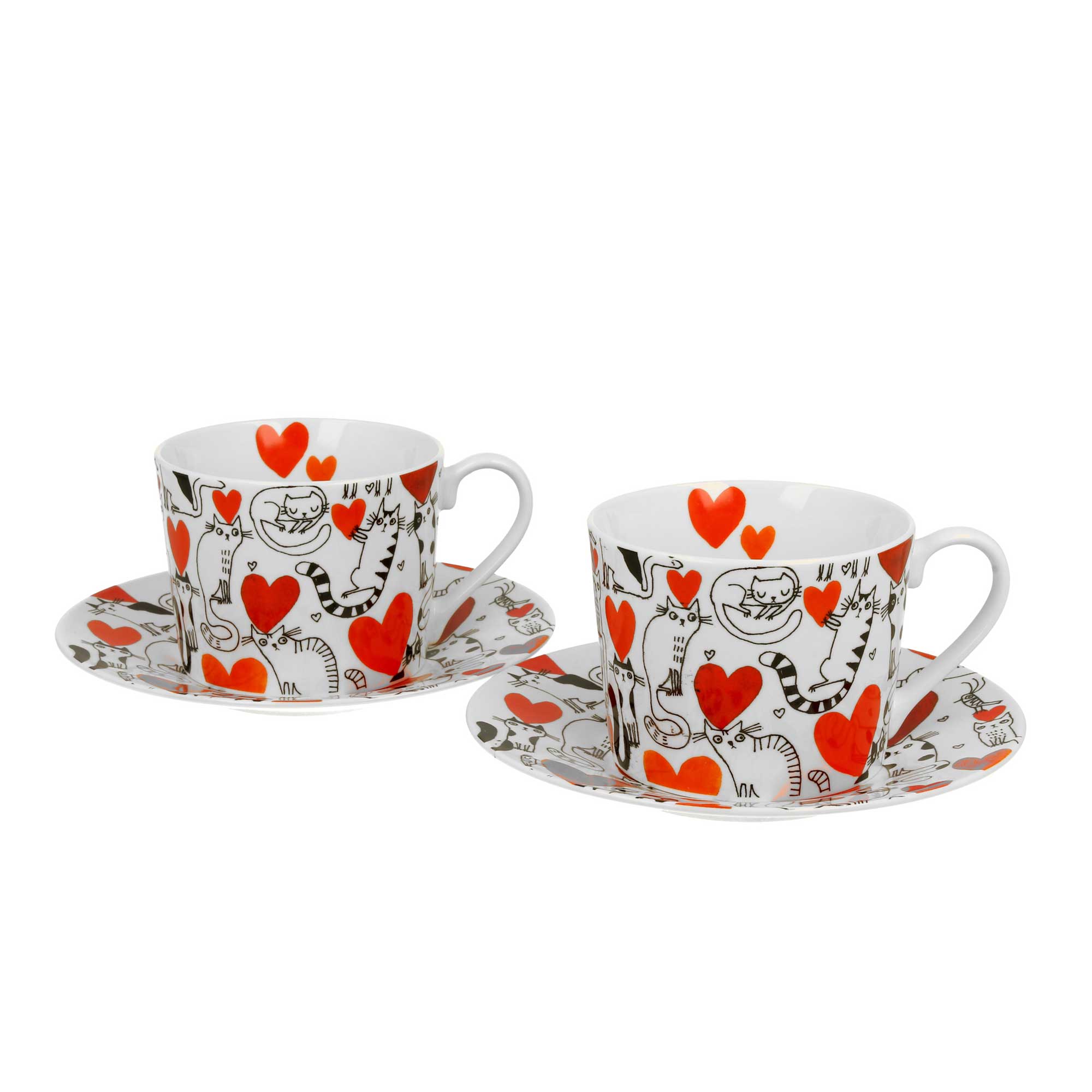 Bögre, csésze Cicás szívesecskés porcelán teás csésze aljjal két személyes Cats and hearts
