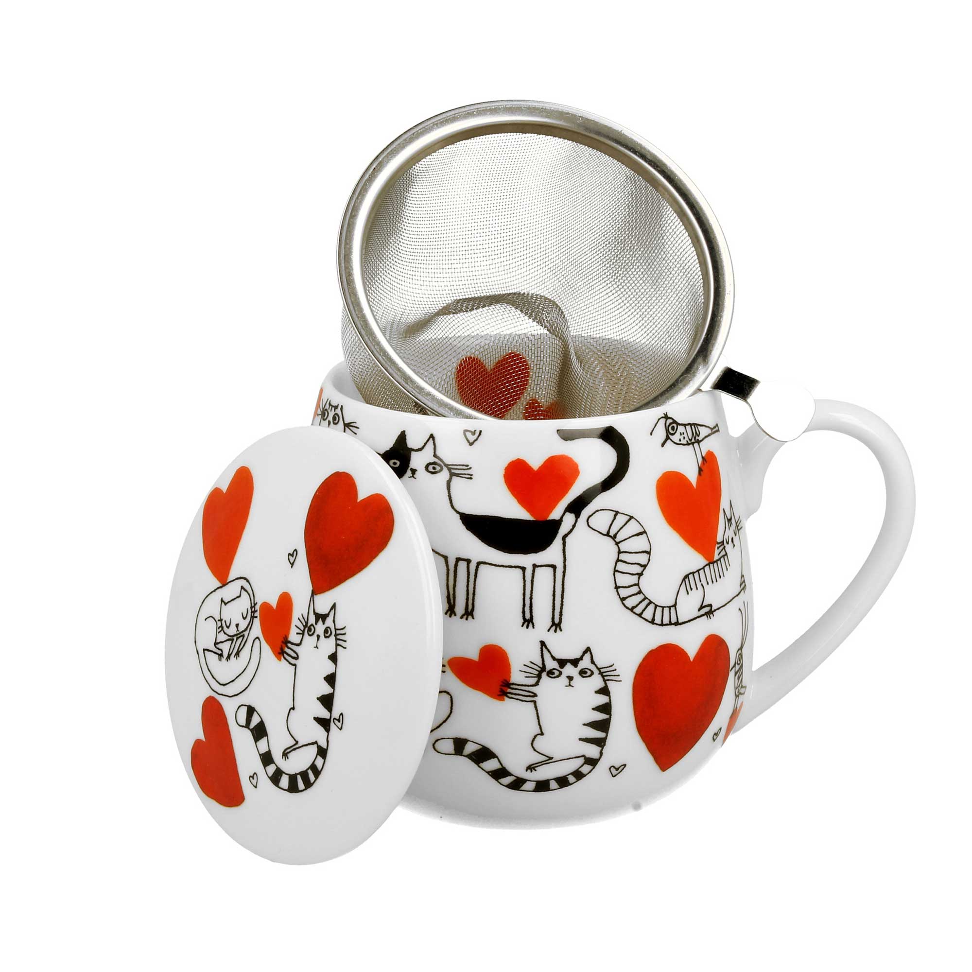 Bögre, csésze Cicás szívesecskés porcelán teás csésze szűrővel Cats and hearts