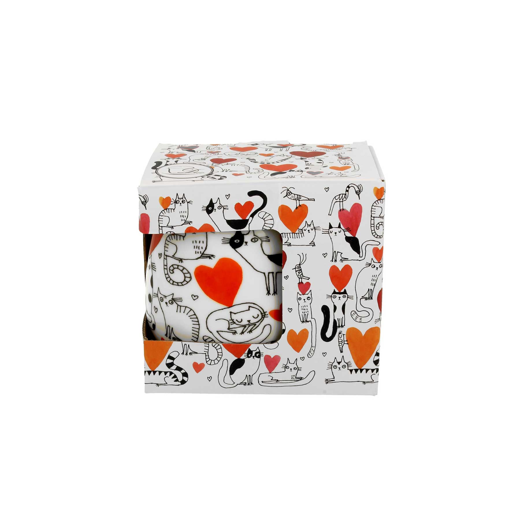 Bögre, csésze Cicás szívesecskés porcelán teás csésze szűrővel Cats and hearts