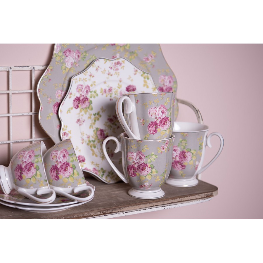 Klasszikus vintage stílusú porcelán csésze + alj 200 ml rózsaszín rózsás