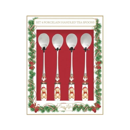 Rozsdamentes acél teáskanál 4 db-os porcelán dekorborítású nyéllel Magie de Noel