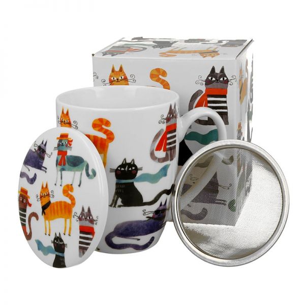Macskavilág porcelán bögre fémszűrővel és tetővel – 350 ml