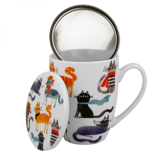 Macskavilág porcelán bögre fémszűrővel és tetővel – 350 ml