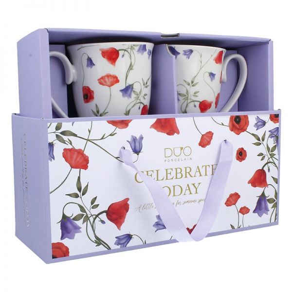 Pipacsos és harangvirágos porcelán bögre szett - 340 ml - ajándékdobozban