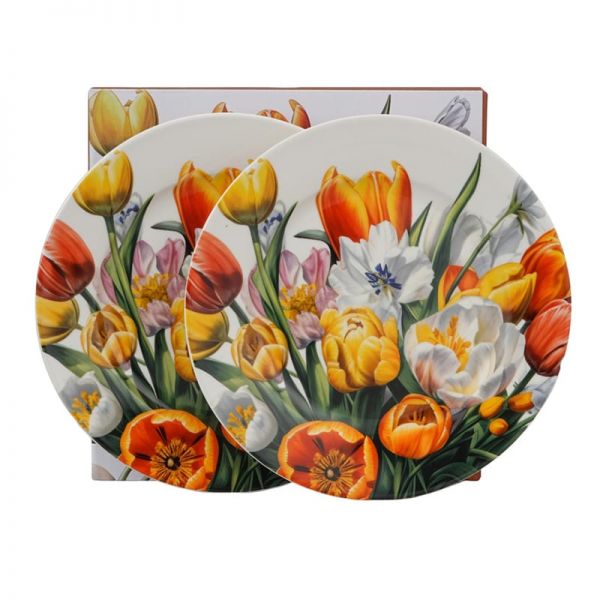 Tulipános porcelán desszertes tányér készlet - 2 darabos - díszdobozban