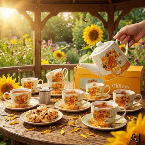 Van Gogh Napraforgók porcelán teázó készlet fémszűrővel - 2 személyes - 270/900 ml