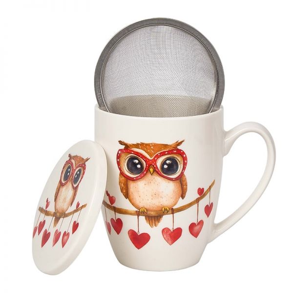 Szerelmes baglyos porcelán bögre fémszűrővel és tetővel – 350 ml – LOVE díszdobozban