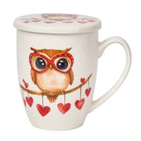 Szerelmes baglyos porcelán bögre fémszűrővel és tetővel – 350 ml – LOVE díszdobozban