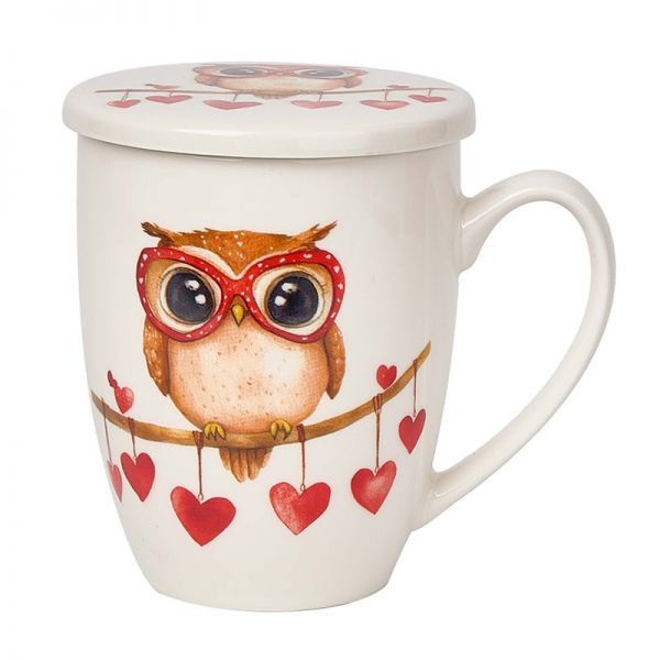 Szerelmes baglyos porcelán bögre fémszűrővel és tetővel – 350 ml – LOVE díszdobozban