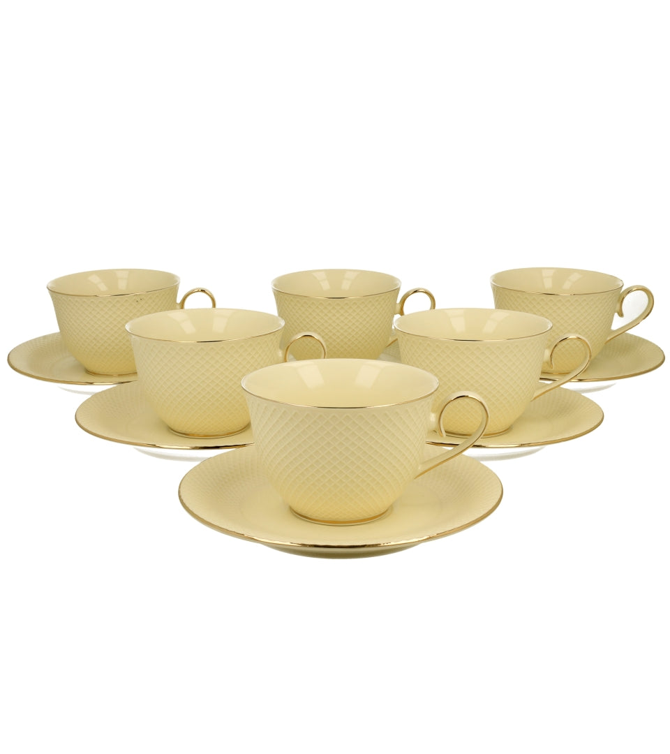 Porcelán csésze + alj 290 ml ekrü dombornyomással arany színű szegéllyel 6 személyes díszdobozban Vesper