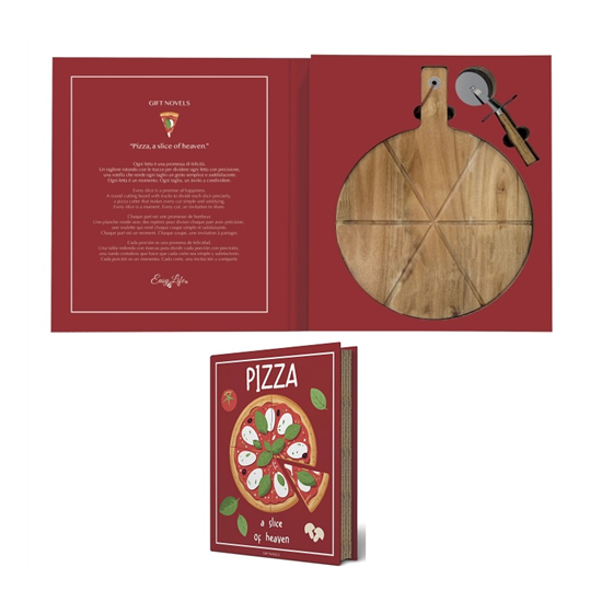 Pizza vágó ajándék készlet akácfa pizzalap pizzaszeletelővel díszdobozban