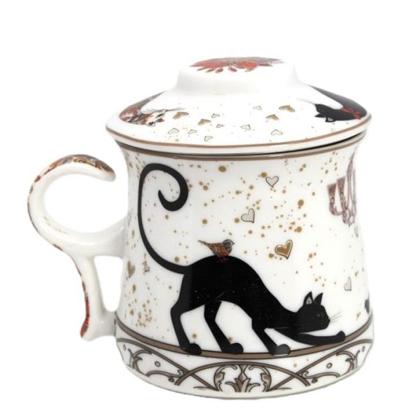 Fekete-arany cicás porcelán bögre fém szűrővel és tetővel - 350 ml