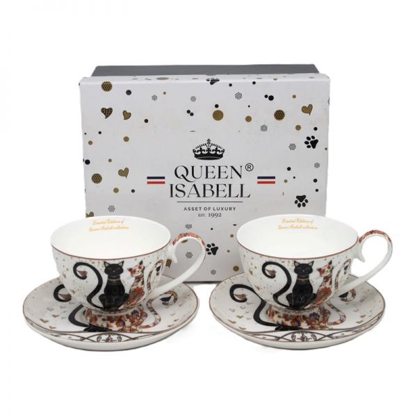 Fekete-arany cicás porcelán teáscsésze aljjal készlet 250 ml - 2 személyes