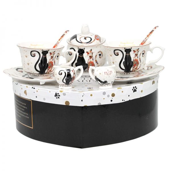 Fekete-arany cicás porcelán teáskészlet- 2 személyes díszdobozban