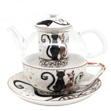 Fekete-arany cicás porcelán teáskészlet - 1 személyes szűrővel