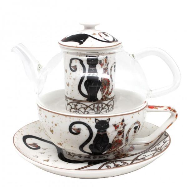 Fekete-arany cicás porcelán teáskészlet - 1 személyes szűrővel
