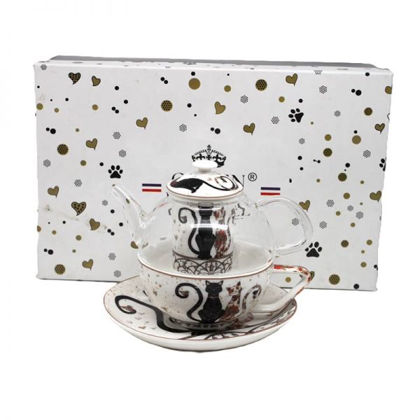 Fekete-arany cicás porcelán teáskészlet - 1 személyes szűrővel