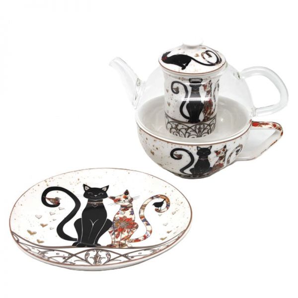 Fekete-arany cicás porcelán teáskészlet - 1 személyes szűrővel
